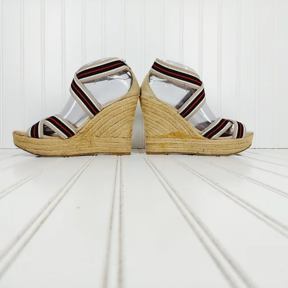 MIA Rope Heels Tan Black White Red Striped Ankle Strap Wedge Sandals C4 - Picture 7 of 11